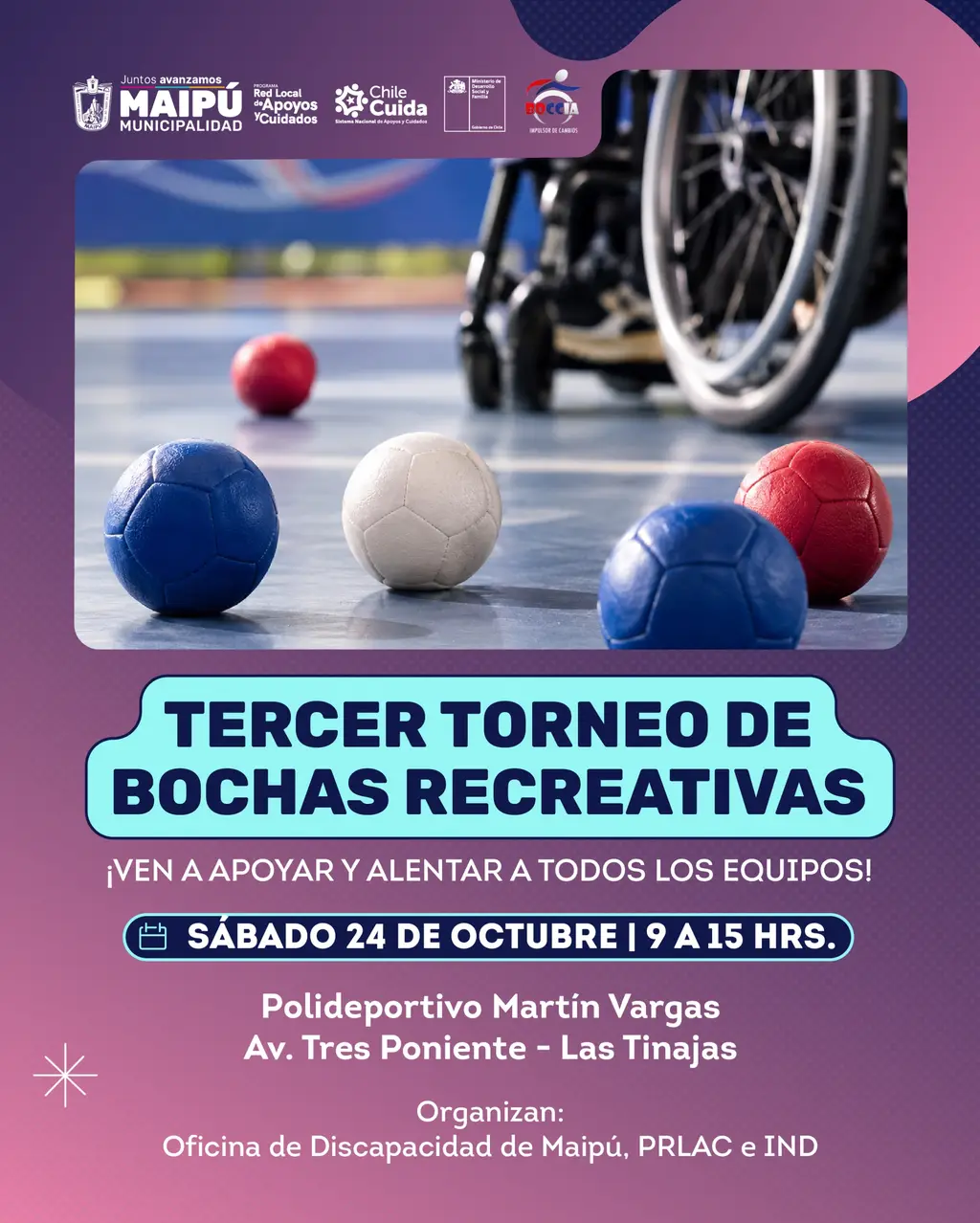 Afiche del Tercer Torneo de Bochas Recreativas en el Polideportivo Martín Vargas de Maipú, sábado 24 de octubre