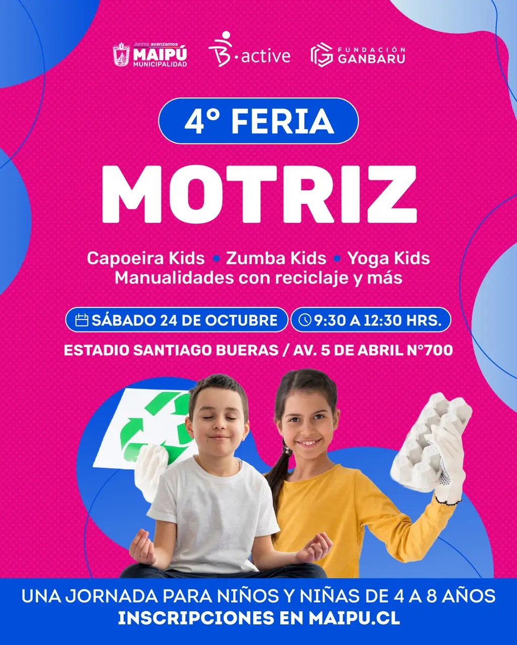 Afiche de la 4ª Feria Motriz de Maipú para niños y niñas de 4 a 8 años en el Estadio Santiago Bueras, sábado 24 de octubre