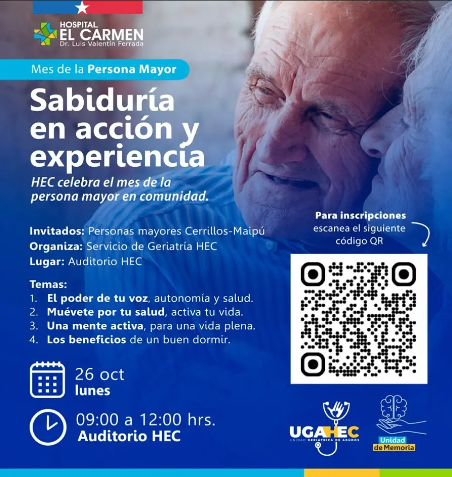 Afiche de la jornada «Sabiduría en acción y experiencia» del Hospital El Carmen para personas mayores, lunes 26 de octubre de 9:00 a 12:00 en el Auditorio HEC