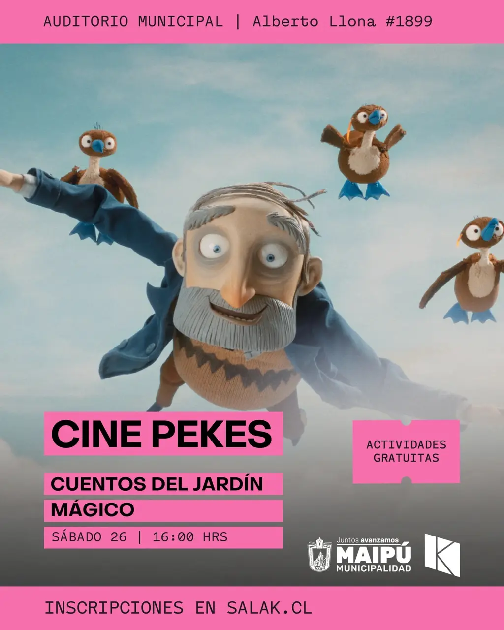 Afiche de Cine PeKes con la película animada «Cuentos del jardín mágico» en el Auditorio Municipal de Maipú, a las 16:00, con actividades gratuitas