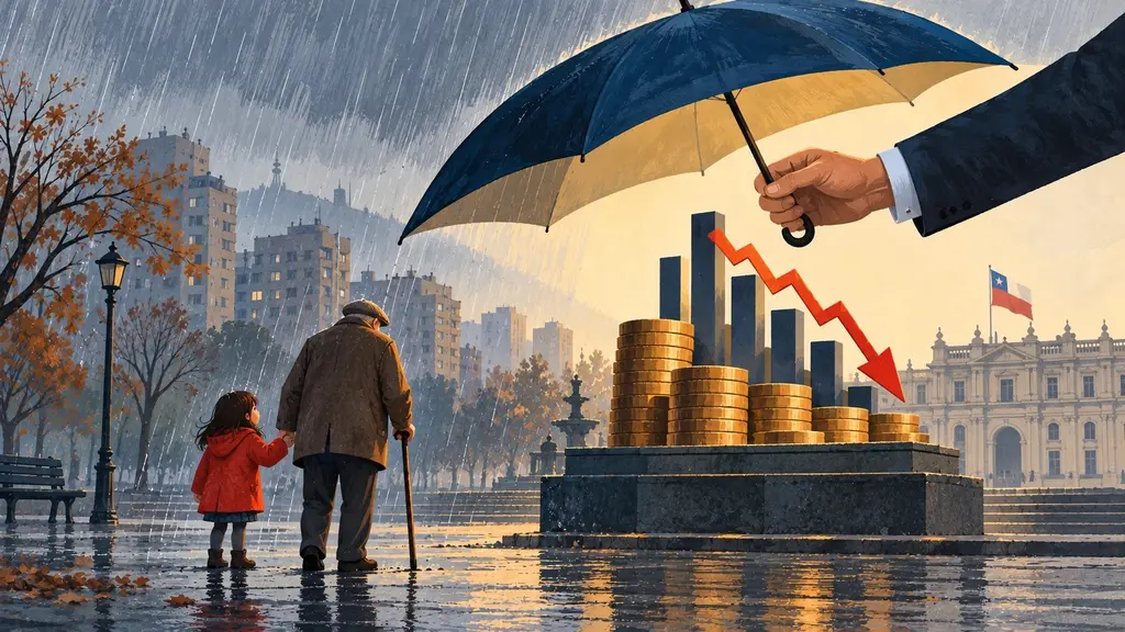 Ilustración: una mano de traje sostiene un paraguas sobre monedas y un gráfico en caída frente a La Moneda, mientras una niña y un anciano esperan bajo la lluvia en una plaza