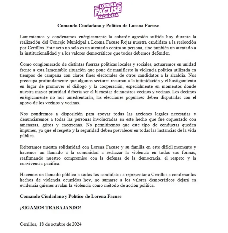 Lorena Facuse tras sufrir agresión saliendo de Concejo Municipal en Cerrillos: «Sabemos que esto no fue al azar»