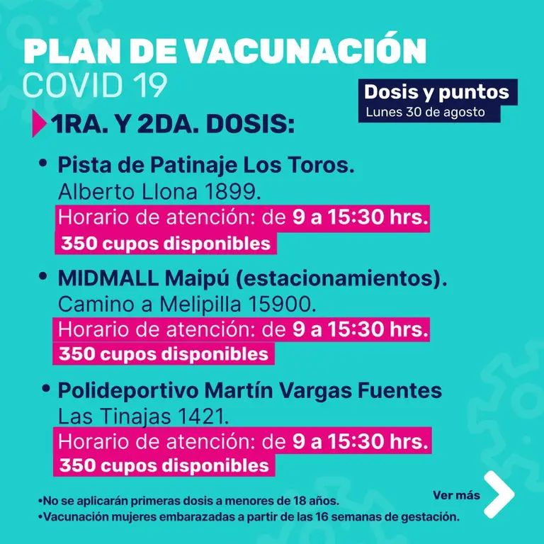 Vacunación lunes 30 de agosto: Proceso para rezagados con primera y segunda dosis