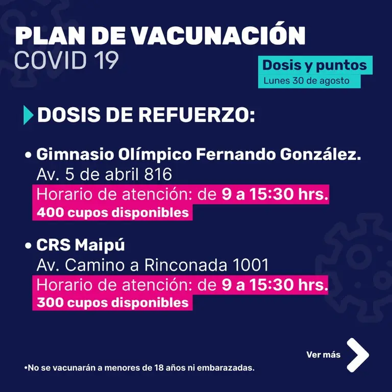 Vacunación lunes 30 de agosto: Proceso para rezagados con primera y segunda dosis