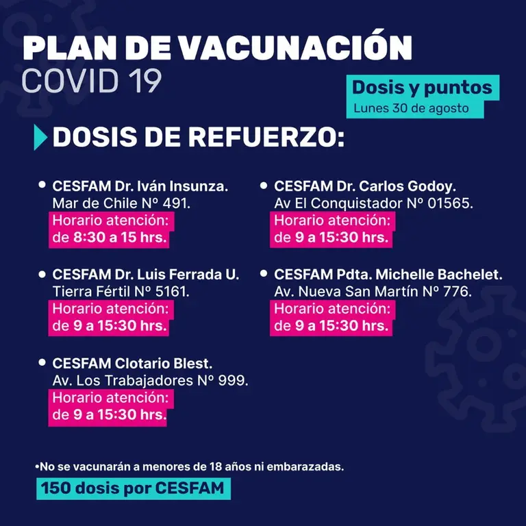 Vacunación lunes 30 de agosto: Proceso para rezagados con primera y segunda dosis