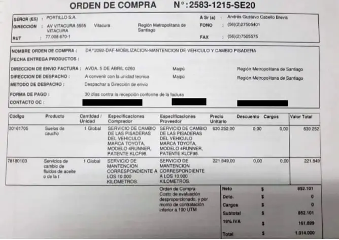$630.252 más IVA es el valor que se pagó por el cambio de pisaderas del auto municipal que ocupa Barriga