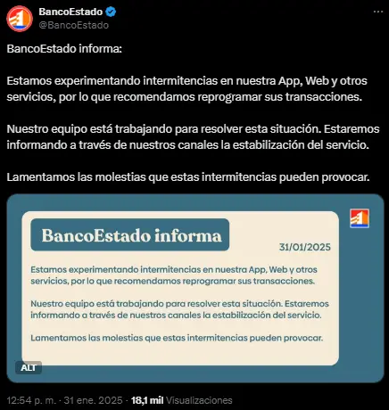 Banco Estado presenta caída en sus servicios