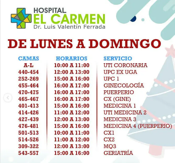 Hospital El Carmen extiende visitas a pacientes para Año Nuevo