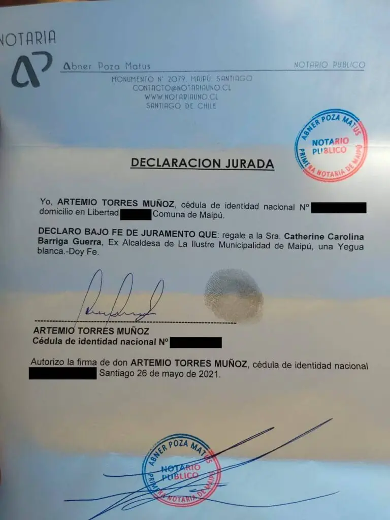 Papel Notarial que acreditaría que Yegua Julieta es de Cathy Barriga