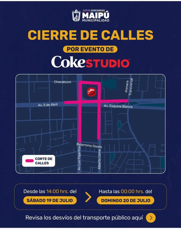 Importante: revisa los cortes y desvíos de tránsito por Coke Studio en Maipú