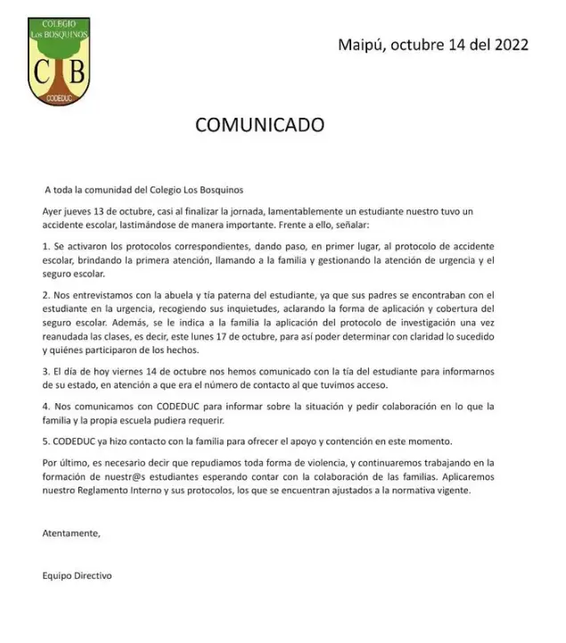 Comunicado difundido por redes sociales del colegio