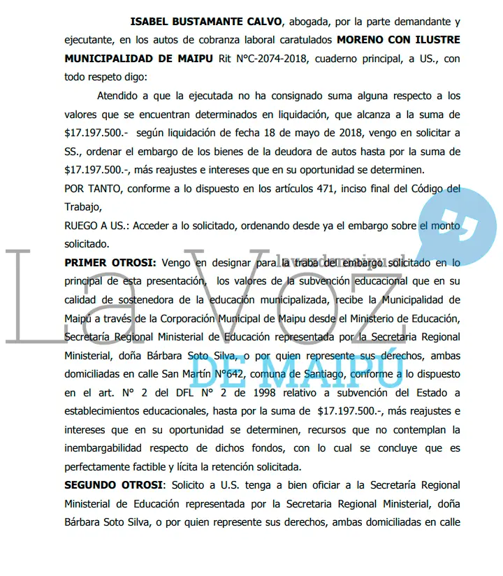 La abogada demandante solicitó el embargo de la subvención escolar para pagarle a su cliente lo que el Municipio de Maipú le debe