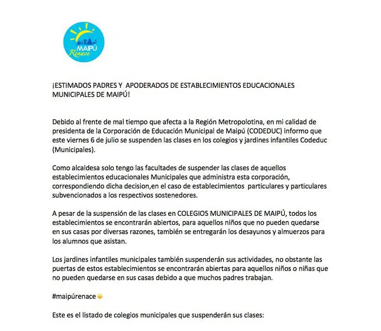 Clases suspendidas: Este es el listado de colegios que mañana no impartirá clases.