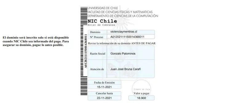 Pago del dominio de la página web que publicó el "documental" | NIC Chile