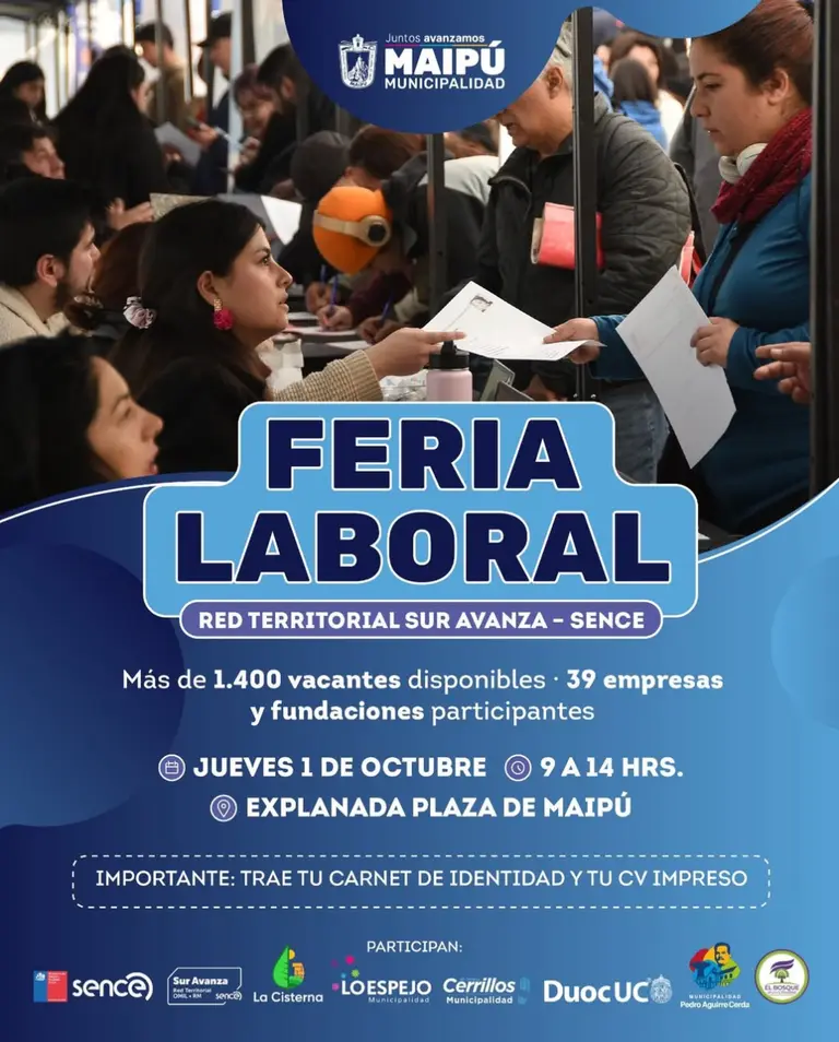 Más de 1.400 vacantes ofrecerá feria laboral este jueves 1 de octubre en la Explanada de la Plaza de Maipú