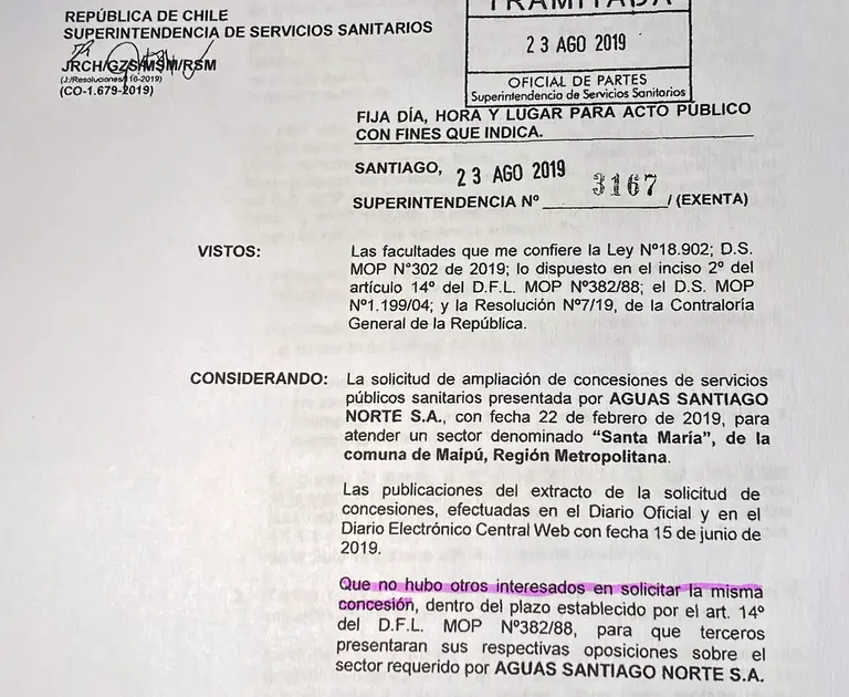 La carta enviada por el superintendente a la empresa Aguas Santiago Norte, deja de manifiesto que SMAPA no se opuso a la concesión