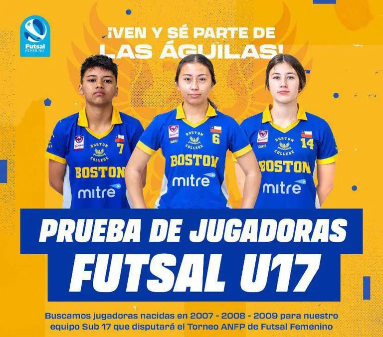 Hoy prueba de jugadoras Futsal U17 en Boston College La Farfana a las 16:45 hrs