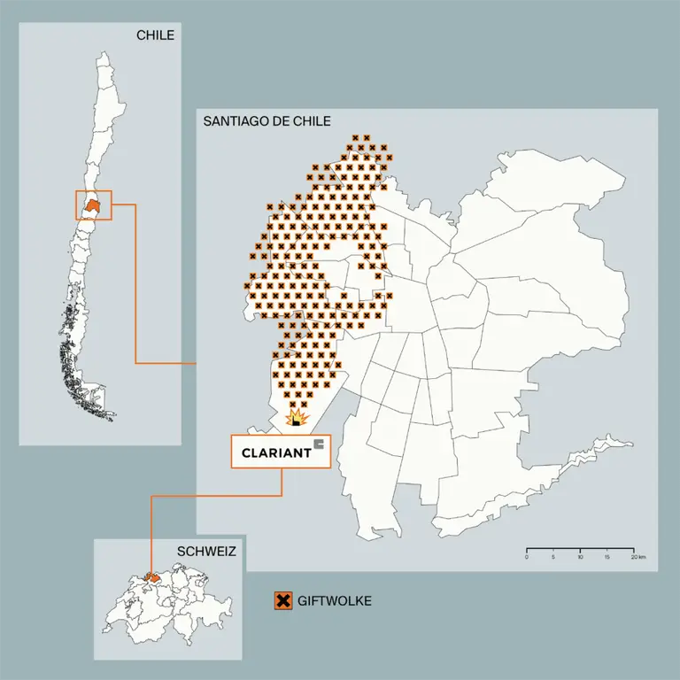 La nube tóxica se expandió por varias comunas del sector poniente de la capital. (Gráfico: Anna Egli para Das Lamm)