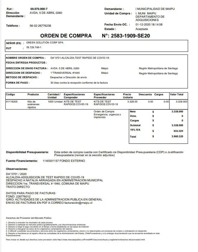 Orden de compra test rápidos.