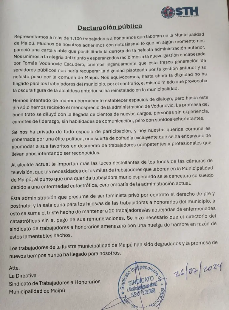 sindicatos honorarios maipu comunicado