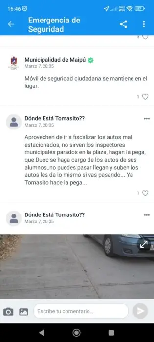 Reclamos en SOSAFE por autos mal estacionados.