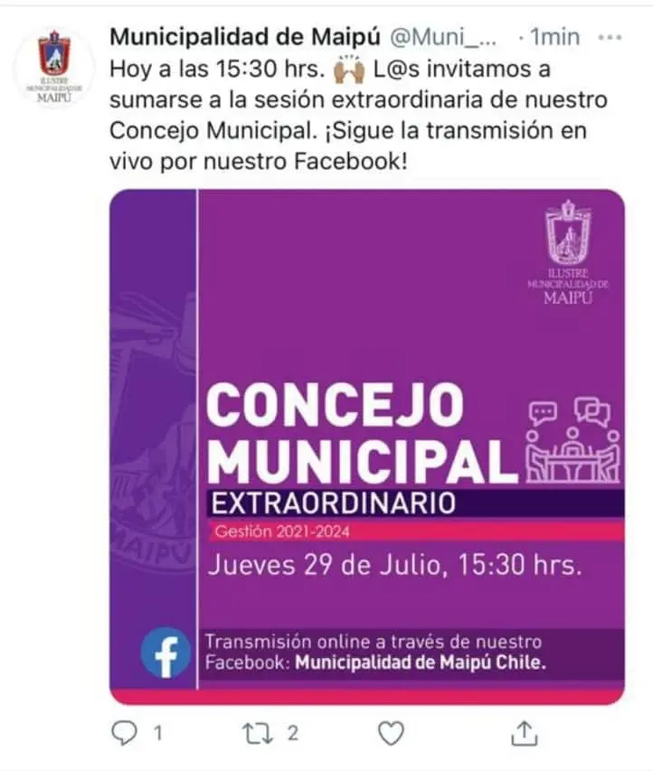 Publicación borrada de la Municipalidad de Maipú sobre concejo que luego se suspendió.