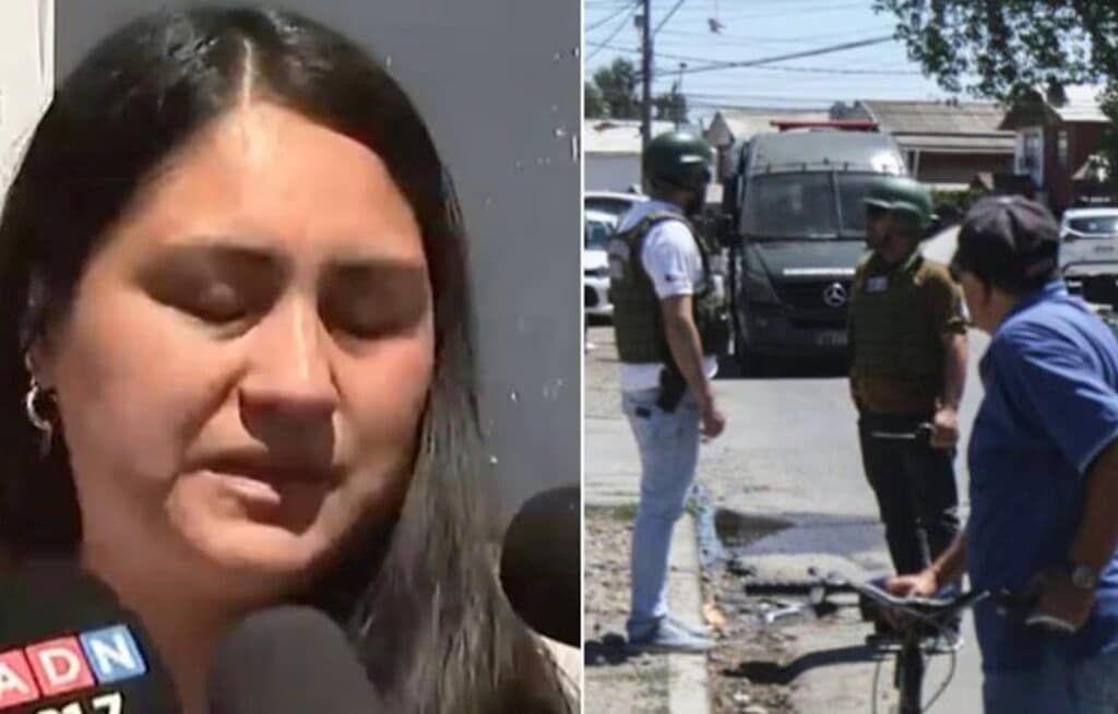 Mujer triste entrevistada, policías conversando en la calle.
