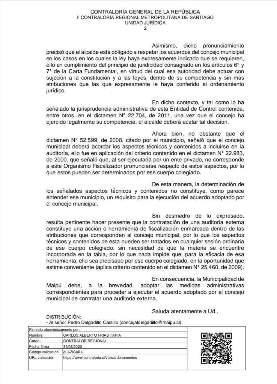 Contraloría determina que Municipio deberá realizar la auditoría externa que se viene solicitando desde 2018