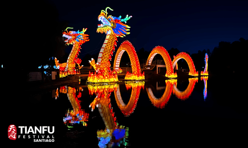 Festival Tianfu, dragón luminoso reflejado en agua, Santiago.