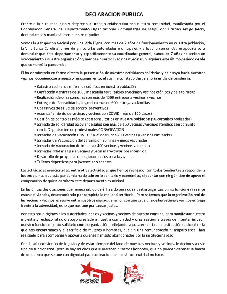 Declaración Pública Agrupación Por Una Vida Digna