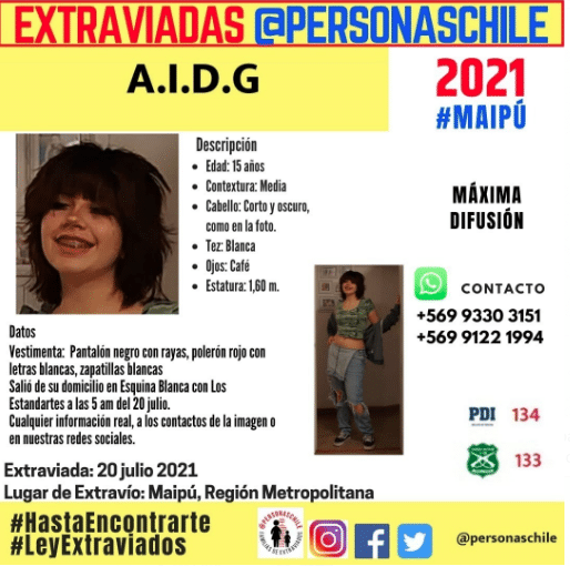 Adolescente lleva más de 24 horas desaparecida en Maipú