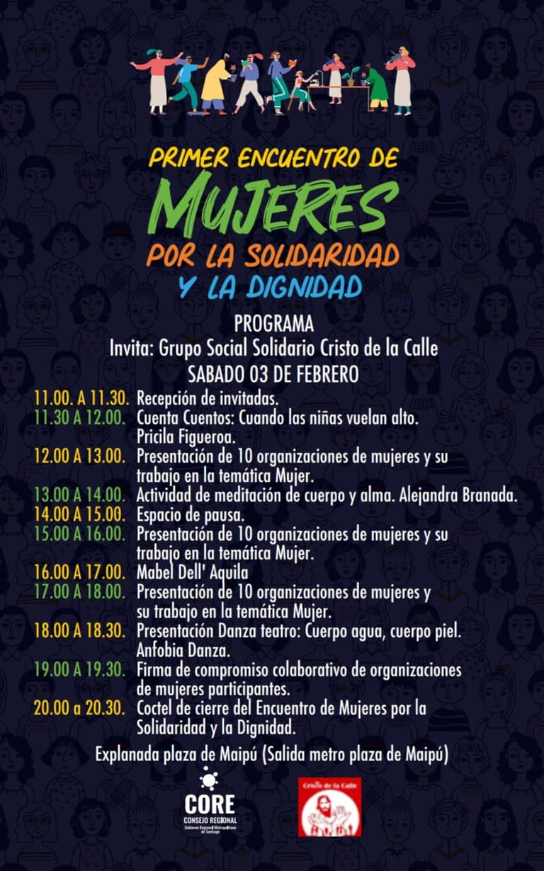 Evento de mujeres, solidaridad y dignidad, programa detallado.