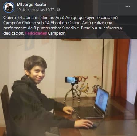 Post de Jorge Rosito -maestro de Antú Amigo- en Facebook, felicitando al niño tras su Campeonato Nacional.