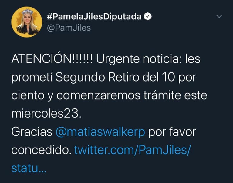 Pamela Jiles Anuncia segundo retiro del 10%