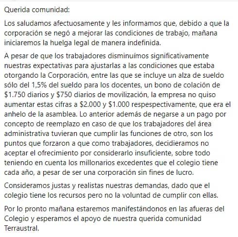 Comunicado Sindicato Trabajadores Terraustral Oeste