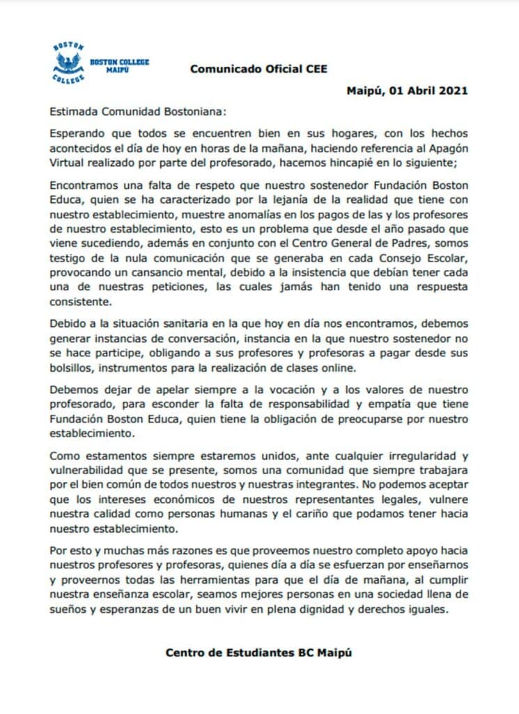 Comunicado del Centro de Estudiantes del colegio Boston College.