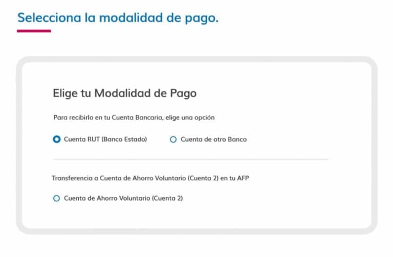 OJO: No te solicitarán ninguna clave extra a los datos ya indicados. Podrás solicitar su depósito en una cuenta bancaria (corriente o vista), Cuenta RUT o cuenta de Cooperativas de Ahorro y Crédito, debiendo para estos efectos informar el N° de cuenta, Tipo de cuenta y nombre de la entidad. También podrá transferirla a la cuenta de ahorro voluntario (cuenta 2), si no posee una cuenta 2 se creará una automáticamente.