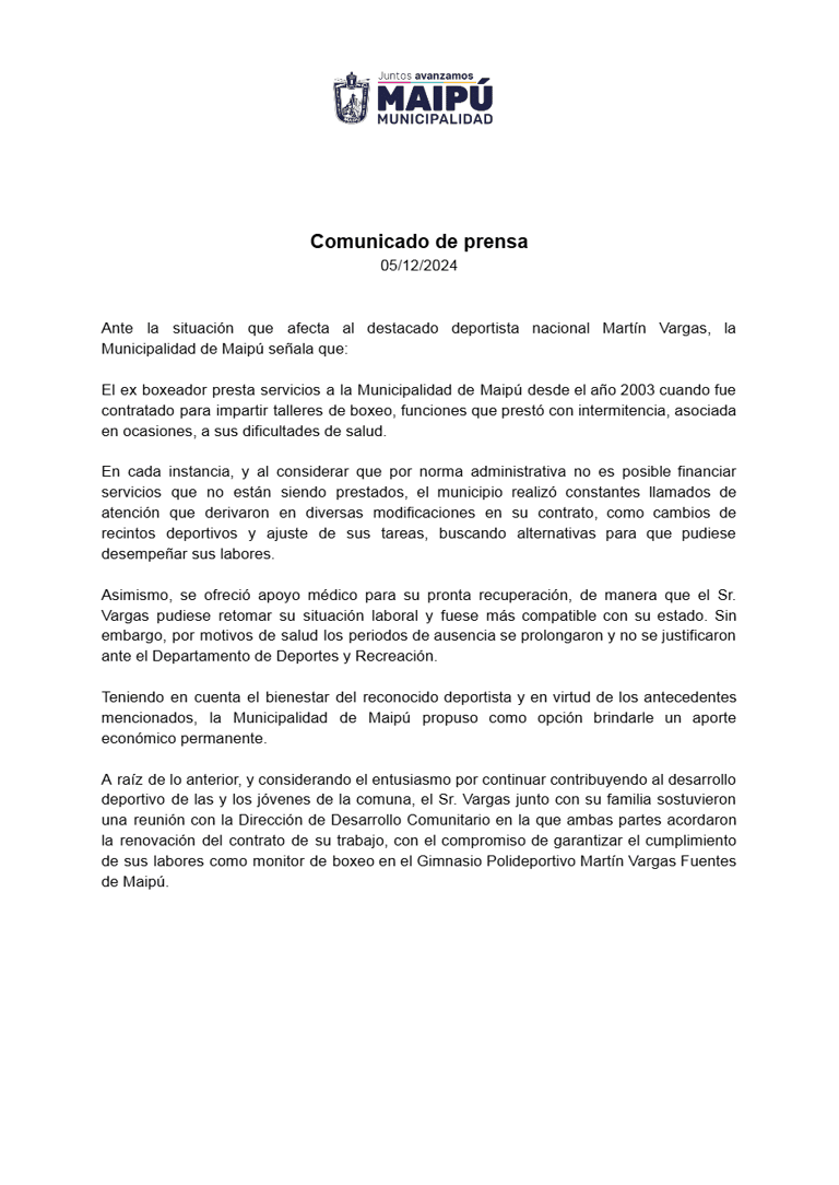Comunicado de prensa municipalidad caso Martín Vargas