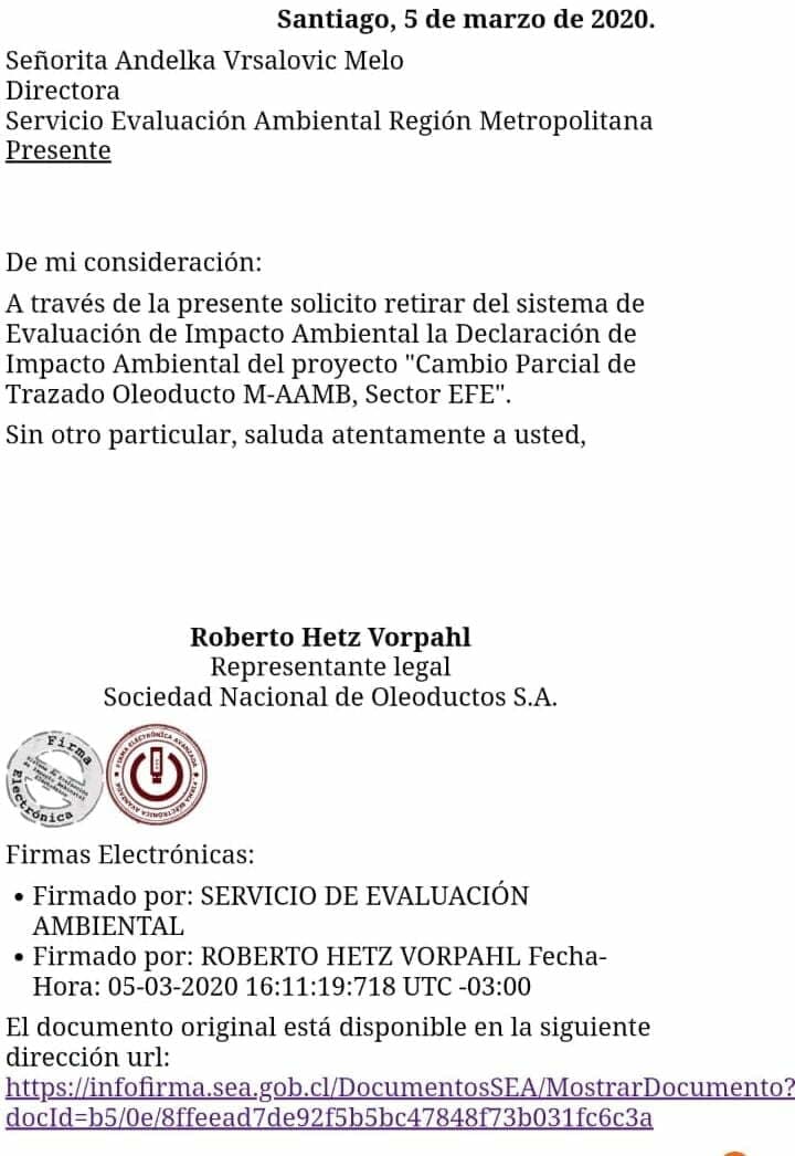 Consorcio SONACOL desiste temporalmente de modificación en tramo de cañería de petróleo en Maipú