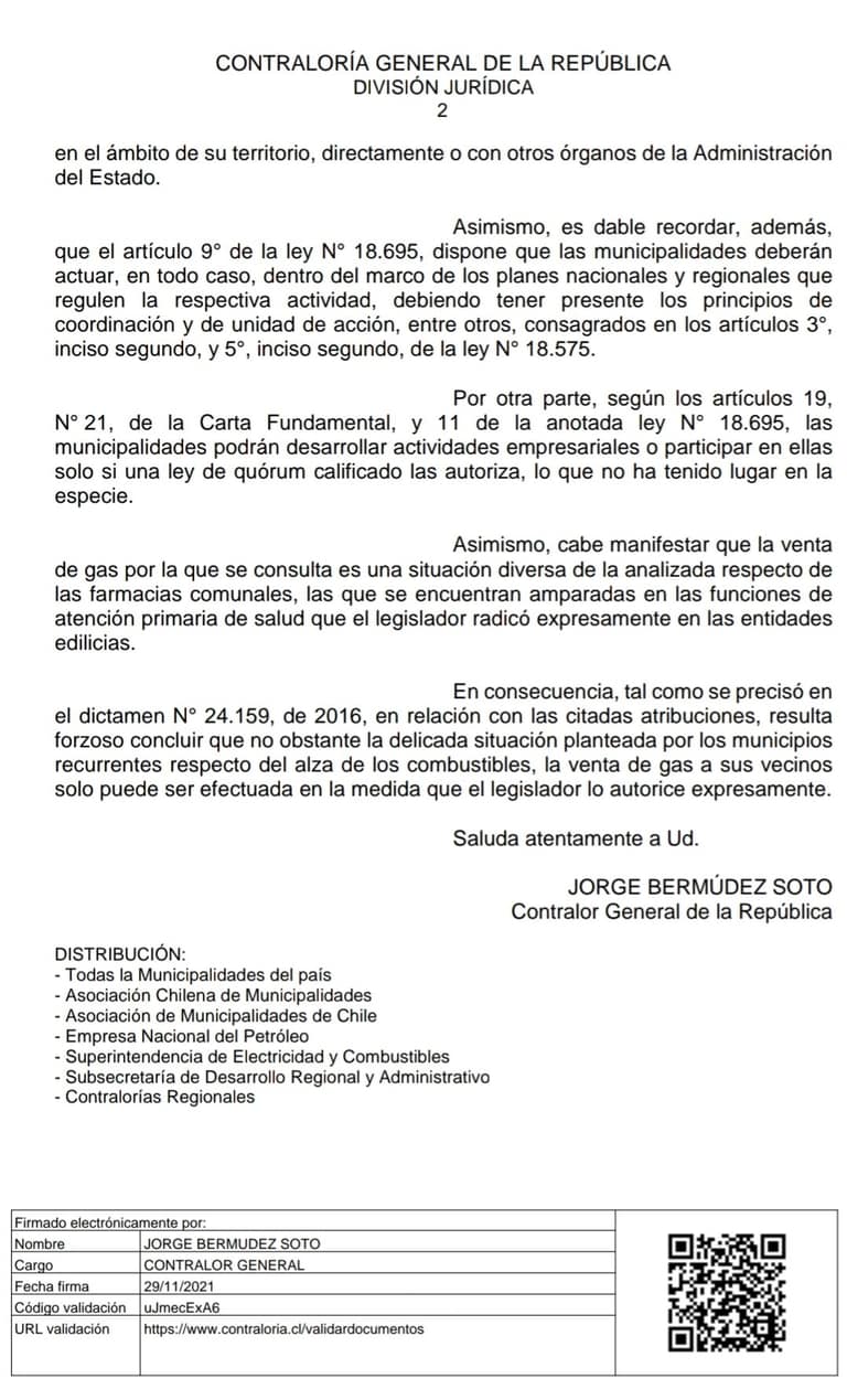Contraloría expone que ley no permite que municipios vendan gas