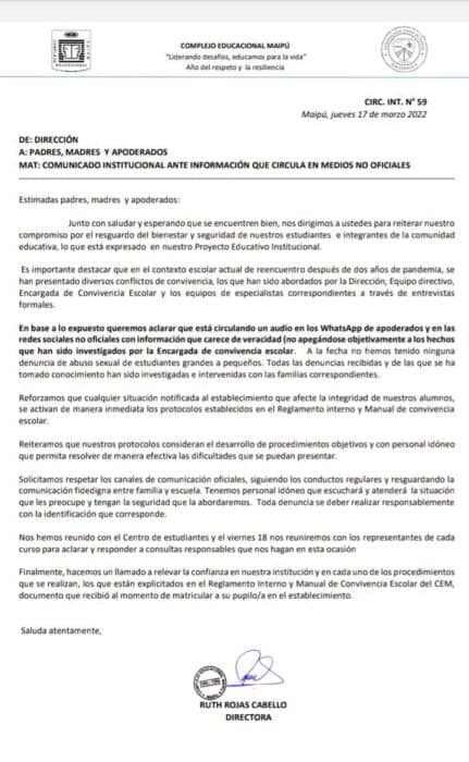 Comunicado del establecimiento niega agresiones sexuales.