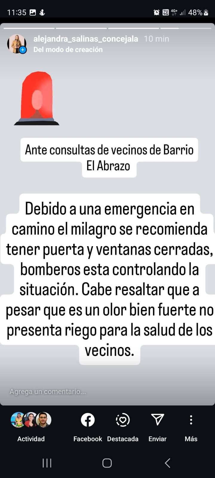 bomberos fue al lugar y la concejala Alejandra Salinas informó lo que pasaba