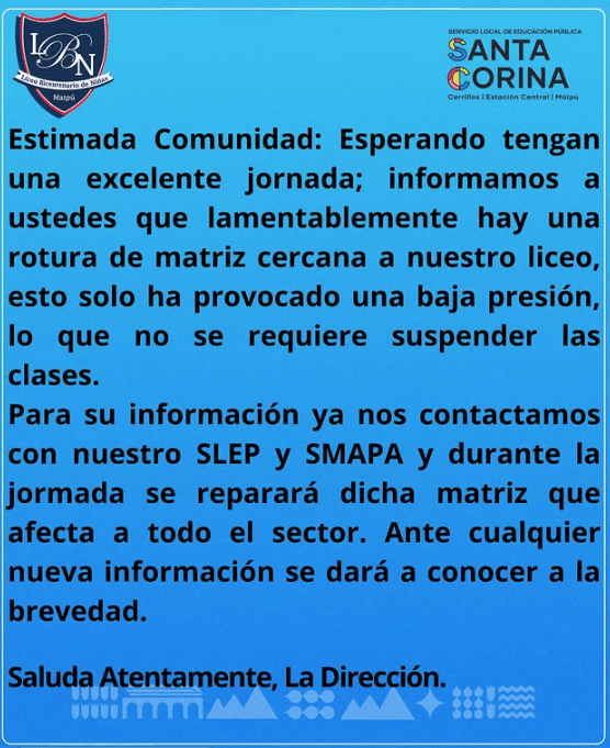 Rotura de Matriz afecta colegio en Maipú