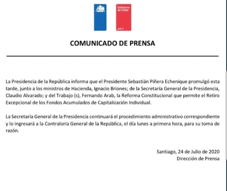 En completo silencio Piñera promulga reforma que permite el retiro del 10% de las AFP