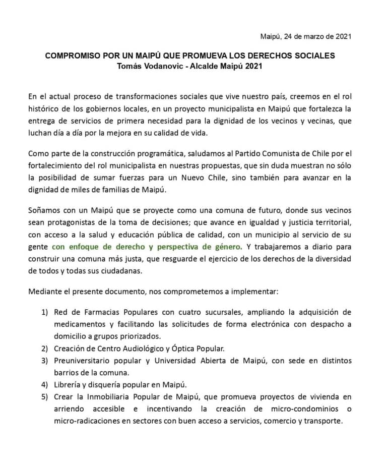 Daniel Jadue y Tomás Vodanovic firmaron compromiso para impulsar iniciativas populares para Maipú