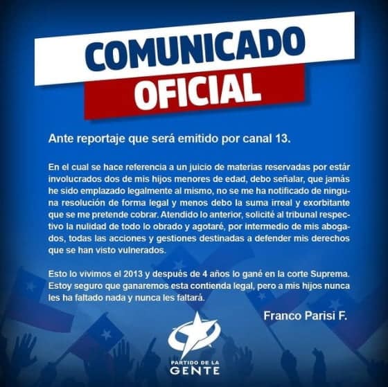 Parisi descarta deber $200 millones en pensión alimenticia y acusa ataque por parte de Canal 13