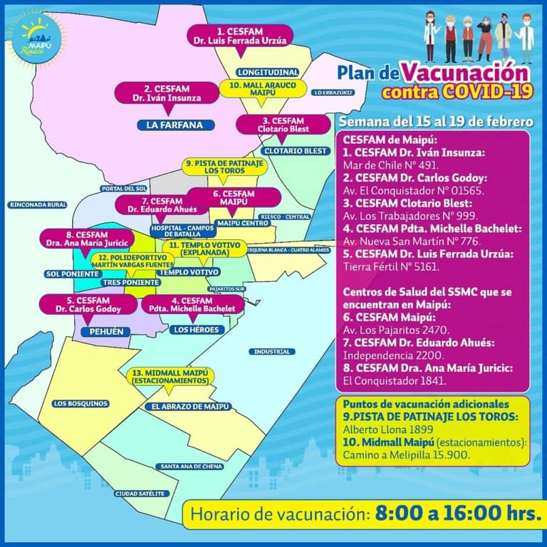 Centros de Salud Familiar (Cesfam) que estarán vacunando en Maipú.