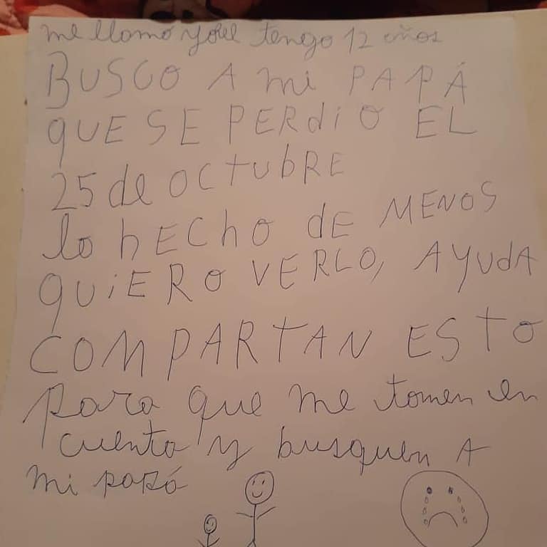«Busco a mi papá»: Niño escribe aviso para encontrar a su padre desaparecido desde el 25 de octubre