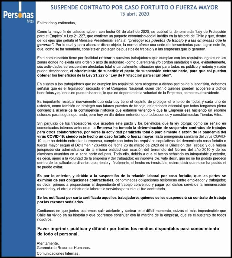 Carta enviada a los trabajadores de Hites donde se notifica de la suspensión del contrato para trabajadores fuera de las zonas de cuarentena