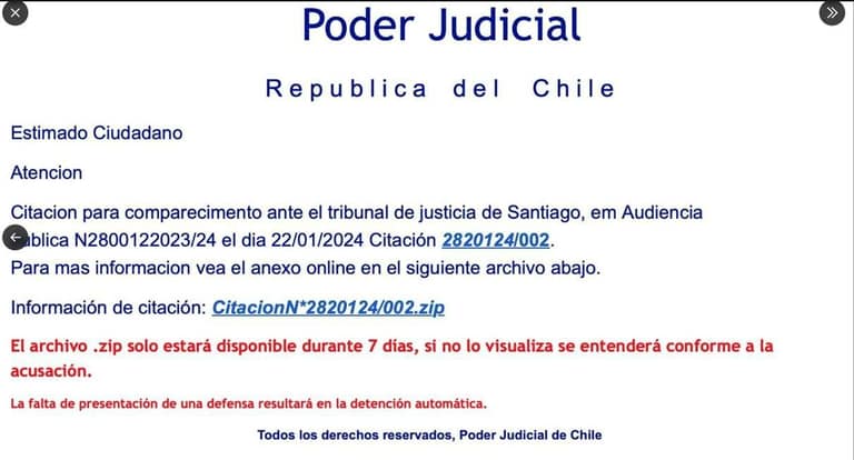 Notificación citación tribunal Santiago de Chile.